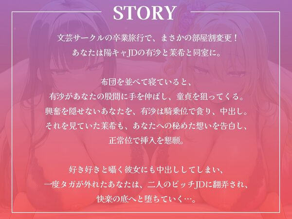 卒業旅行で部屋割急遽変更！？陽キャ女子二人に挟まれて陰キャなあなたの童貞が危ない！〜憧れの先輩ギャルと清楚系JDに逆レ●プされるハーレム旅行〜【KU100収録】 画像1