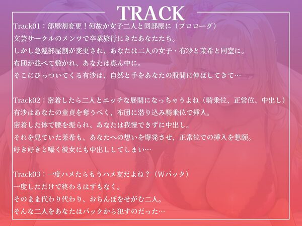 卒業旅行で部屋割急遽変更！？陽キャ女子二人に挟まれて陰キャなあなたの童貞が危ない！〜憧れの先輩ギャルと清楚系JDに逆レ●プされるハーレム旅行〜【KU100収録】 画像4