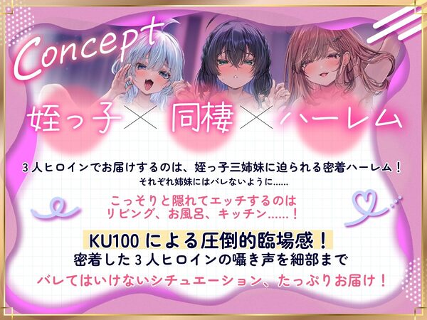 【囁きハーレム濃厚4P!贅沢姉妹丼】こっそりしちゃお!〜姪っ子三姉妹とワンルーム同棲性活〜【KU100】 画像1