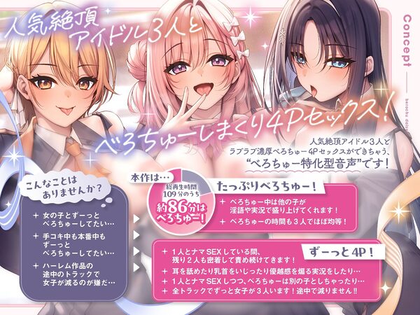 べろちゅー大好きアイドル3人と優越感MAXハーレム4P-かわるがわる濃厚ラブラブべろちゅー＆優越感ムクムク実況＆好きな子を選んで密着4PべろちゅーナマSEX-【キス特化】 画像1