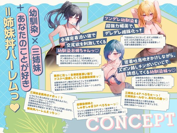 『爆乳三姉妹のエッチ大好きな幼馴染達に求愛されて、金玉空っぽになるまで精液絞り取られるドスケベ交尾性活。〜姉妹丼ハーレム〜』 画像1
